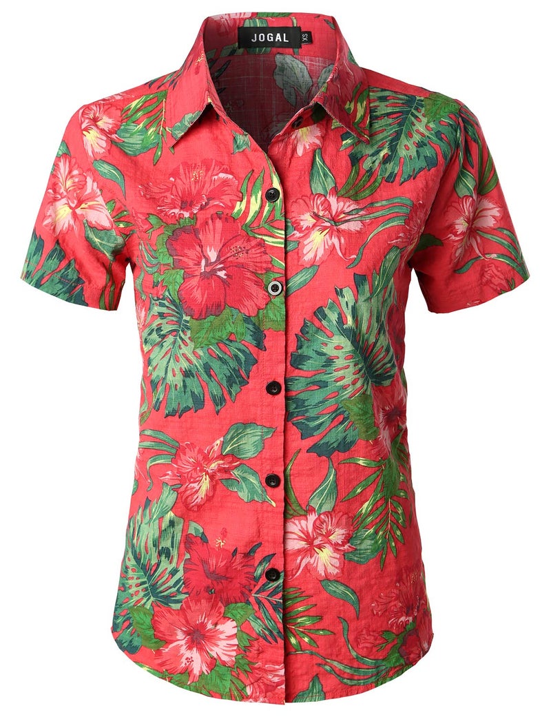 JOGAL Women's Floral Blouse Casual Button Down Short Sleeve Aloha Hawaiian Shirt X-Large CoralRed - Image 5